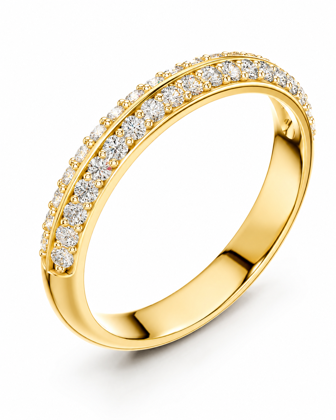 color_10K_YG, color_14K_YG &&A yellow gold eternity ring featuring two parallel rows of round-cut clear gemstones, set against a clean white background.