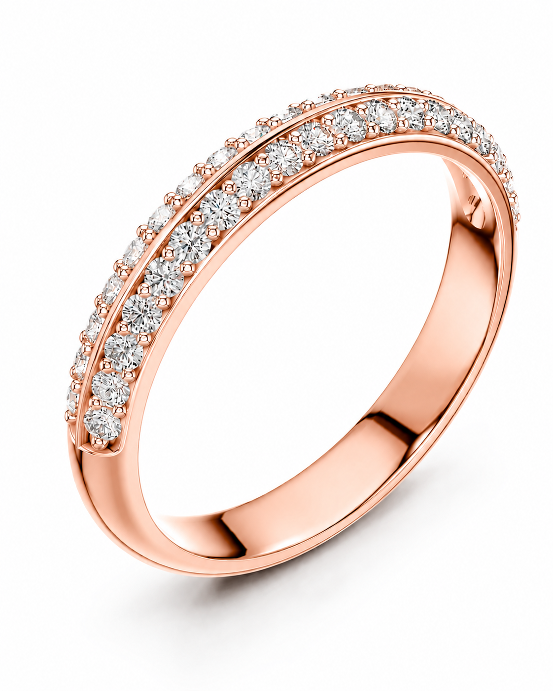 color_10K_RG, color_14K_RG &&A rose gold eternity ring featuring two parallel rows of round-cut clear diamonds, shown on a clean white background.