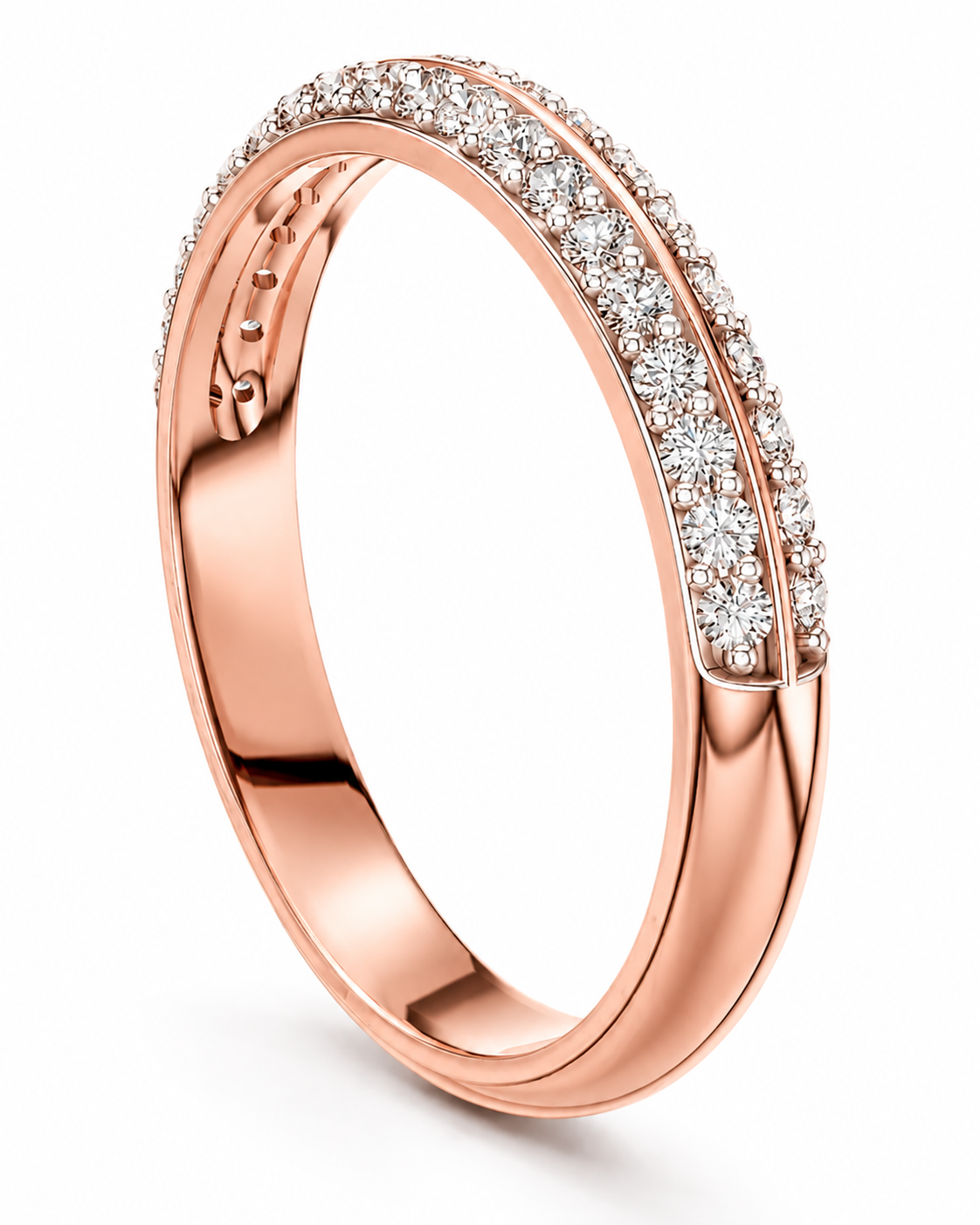 color_10K_RG, color_14K_RG &&A rose gold band ring featuring a double row of pavé-set clear diamonds along the upper curve, shown on a clean white background.