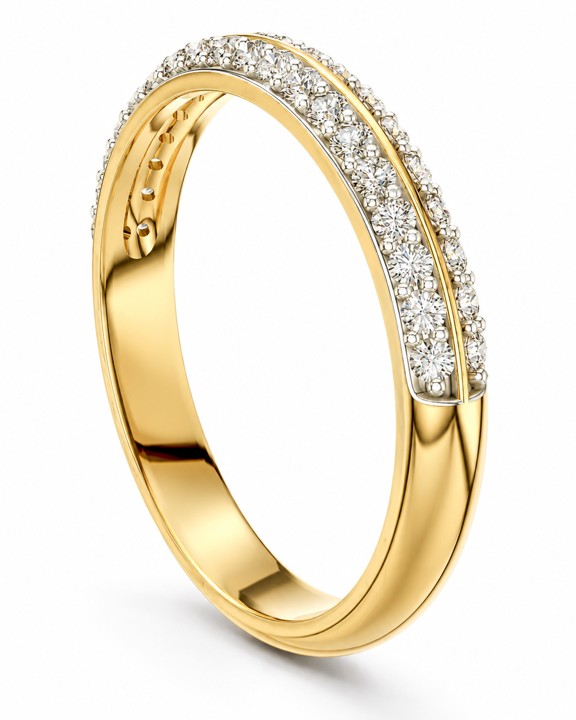 color_10K_YG, color_14K_YG &&A yellow gold band ring featuring a double row of pavé-set clear stones along the upper curve, shown on a clean white background.