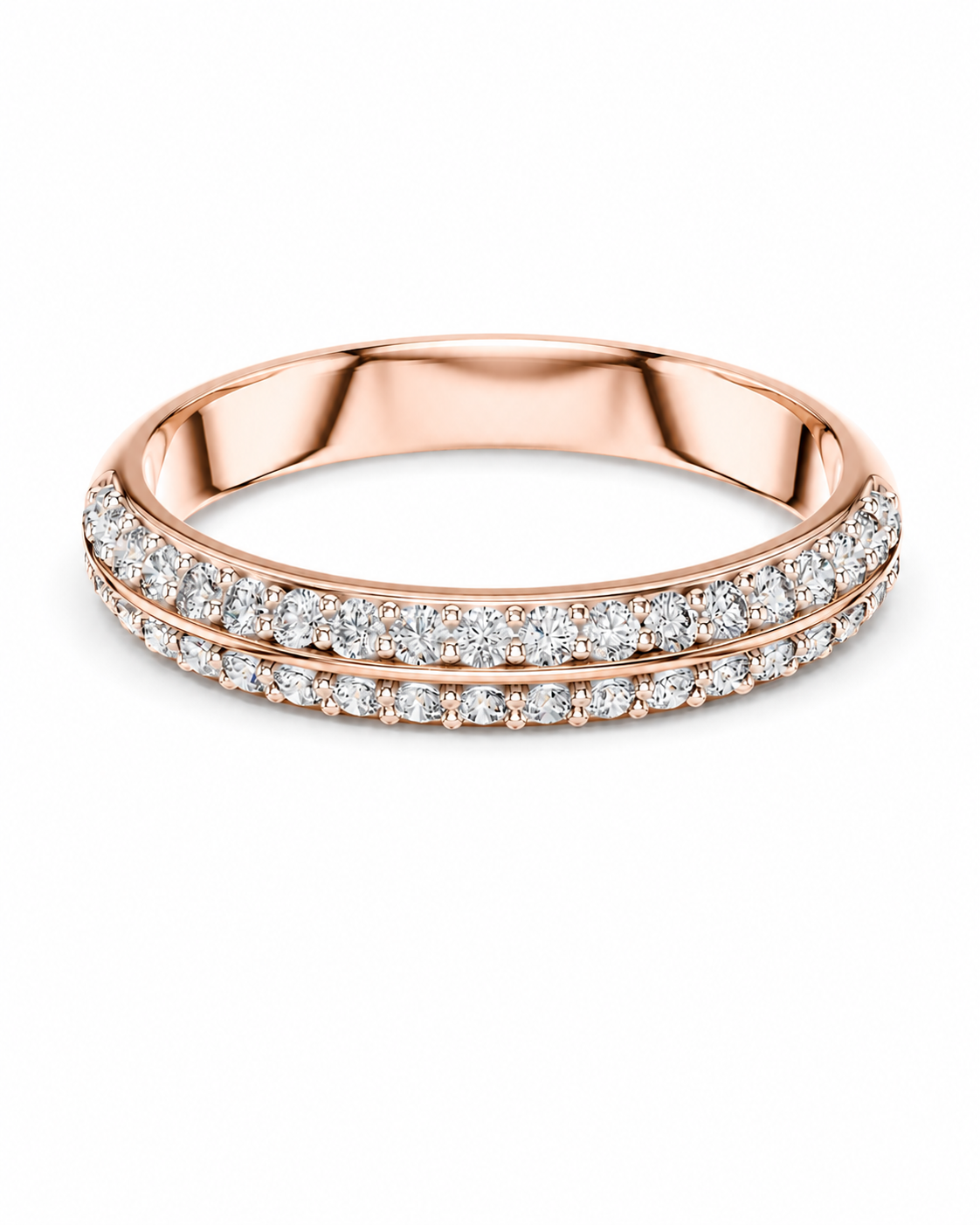 color_10K_RG, color_14K_RG &&A rose gold eternity ring featuring two rows of round-cut diamonds, shown on a clean white background.