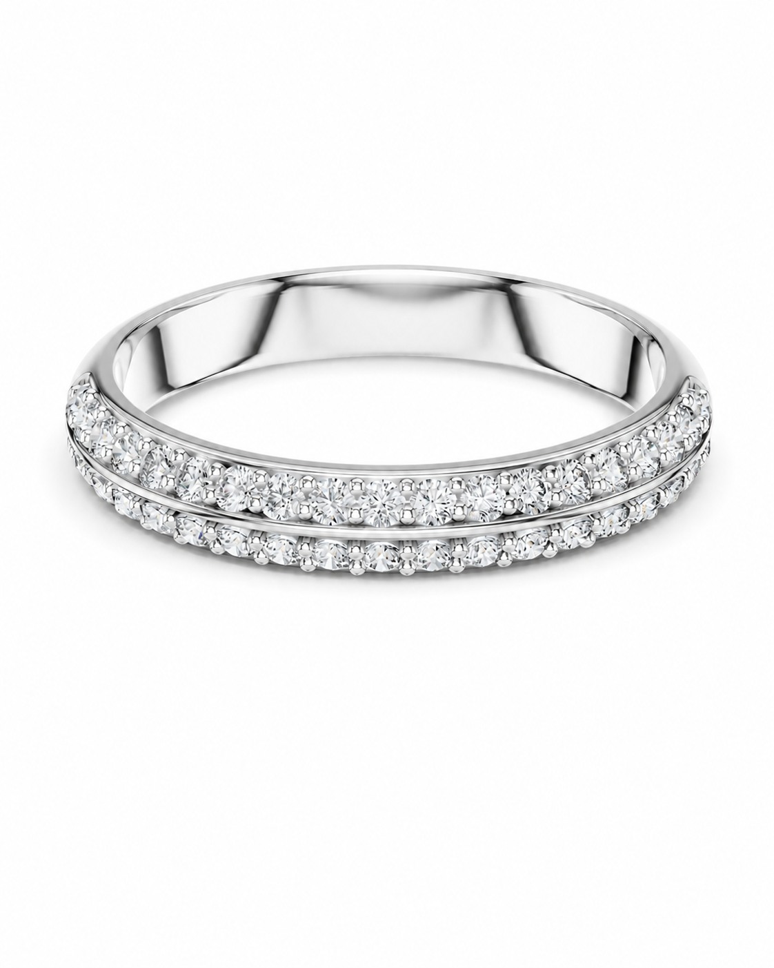 color_925_SIL,color_935_ARG,color_10K_WG, color_14K_WG &&A silver-tone eternity band ring set with two rows of round brilliant-cut diamonds, shown on a clean white background.
