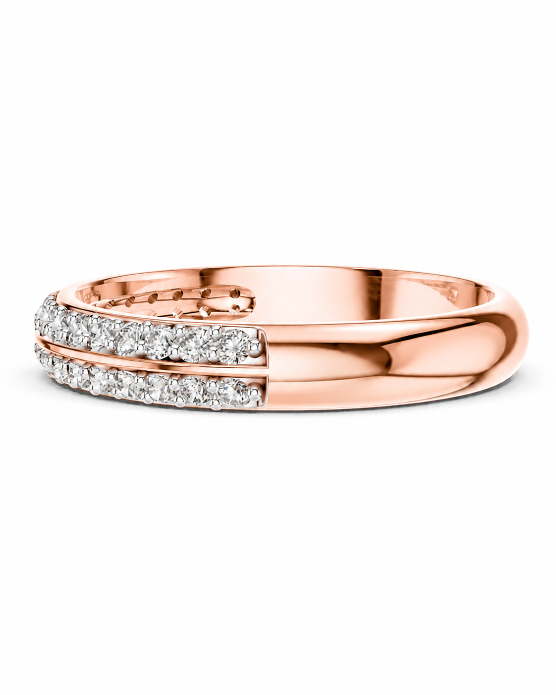 color_10K_RG, color_14K_RG &&A rose gold double-band ring featuring pavé-set clear diamonds on the front, shown on a clean white background.