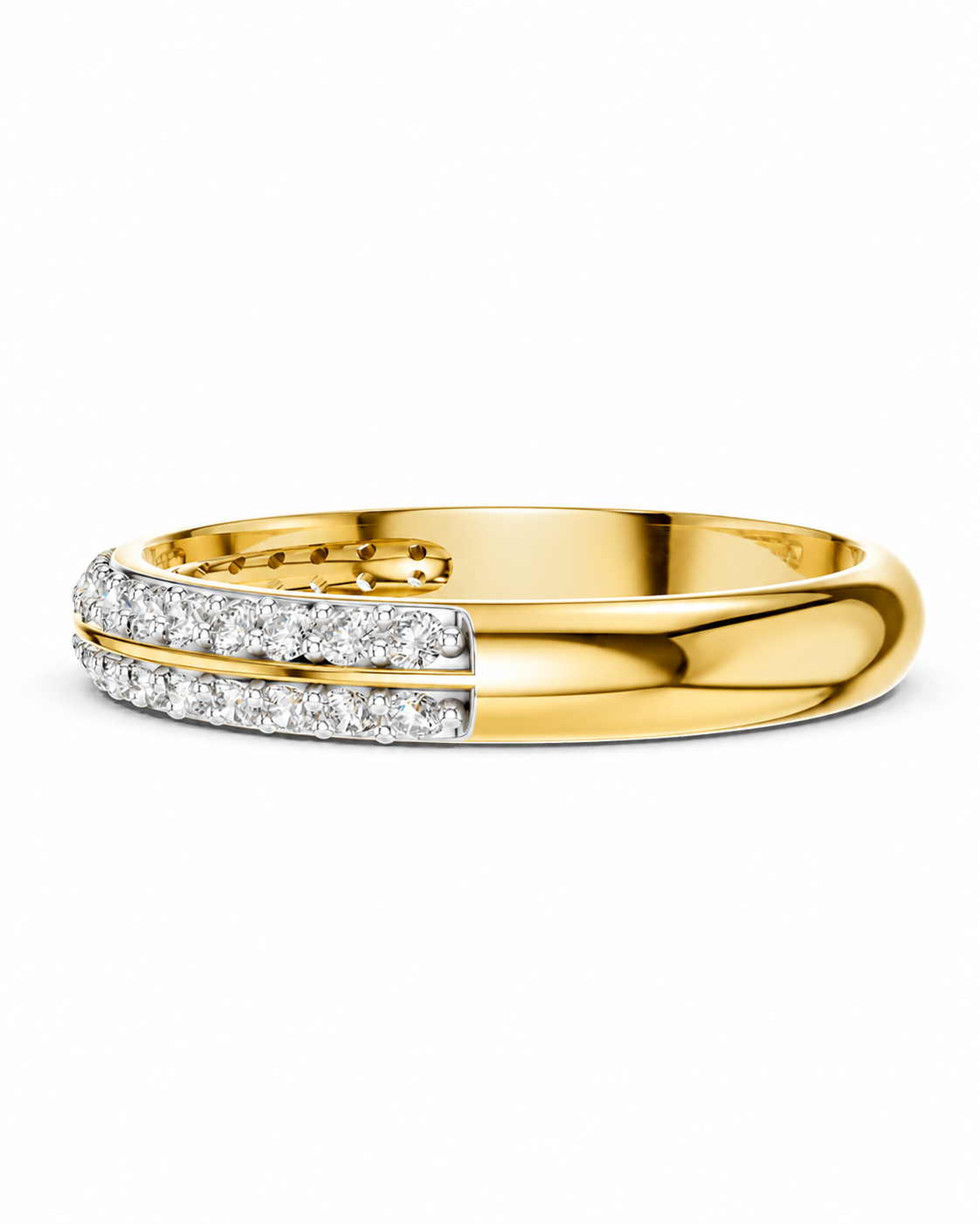 color_10K_YG, color_14K_YG &&A yellow gold ring featuring two parallel rows of small clear stones on the front, set against a plain white background.