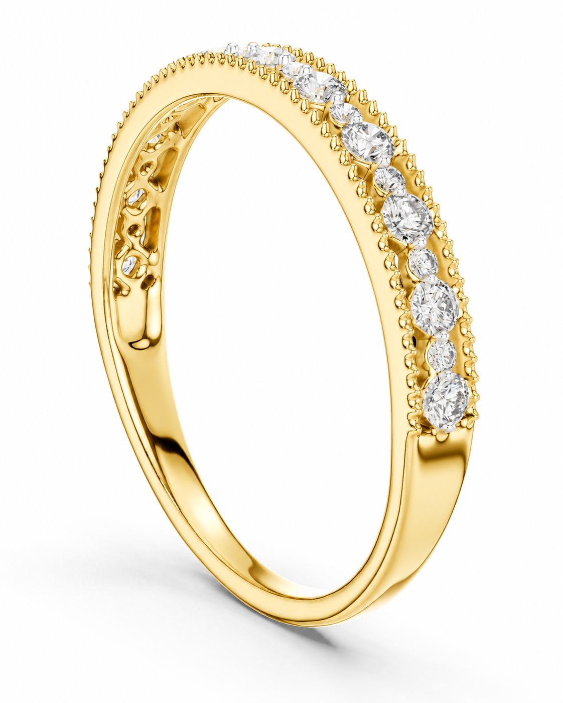 color_10K_YG, color_14K_YG &&A yellow gold eternity ring featuring a continuous row of round-cut clear gemstones on one side, set in a beaded prong setting. The ring is photographed at an angle on a clean white background.