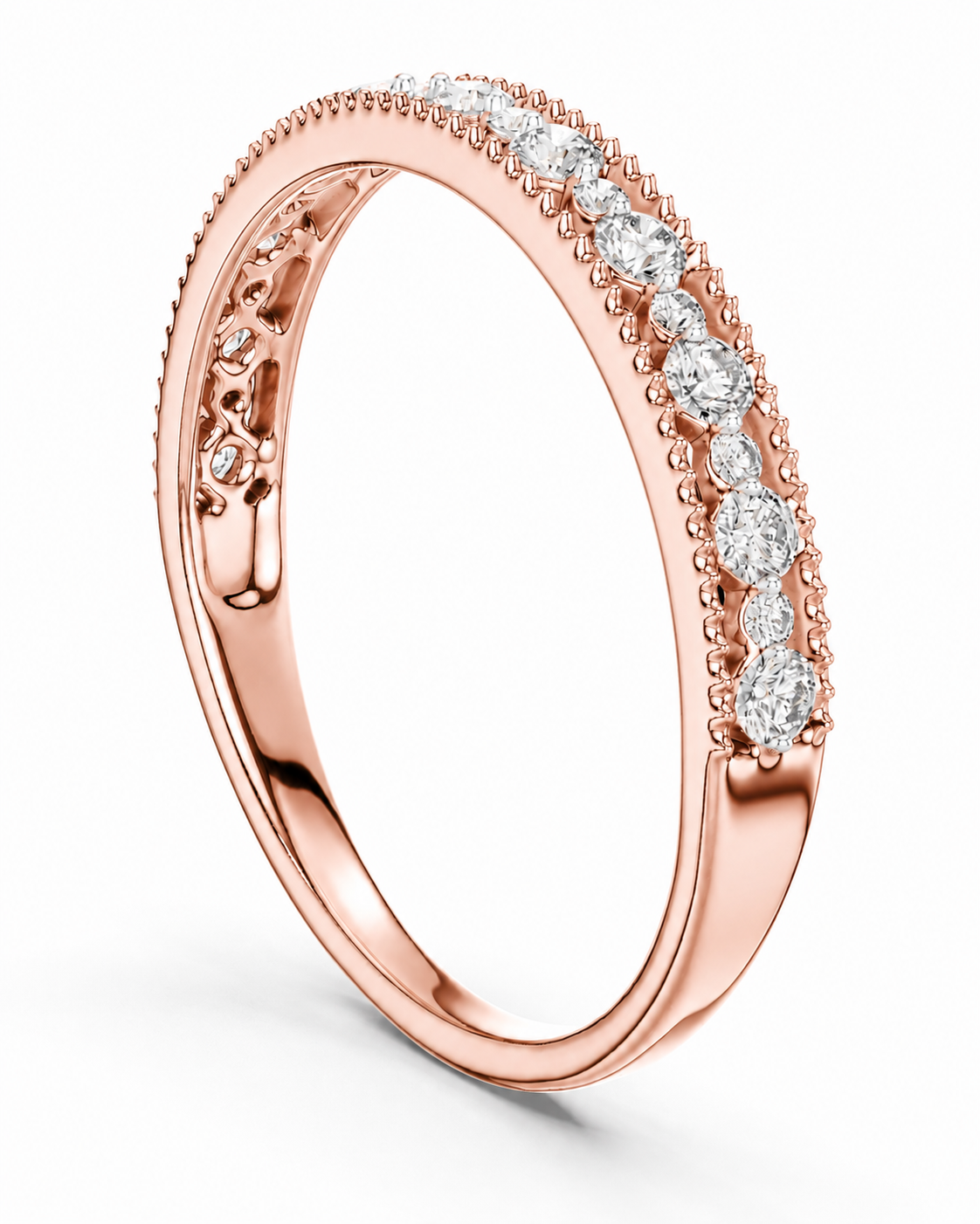 color_10K_RG, color_14K_RG &&A rose gold eternity ring featuring a row of round-cut clear diamonds on the outer band, shown on a clean white background.