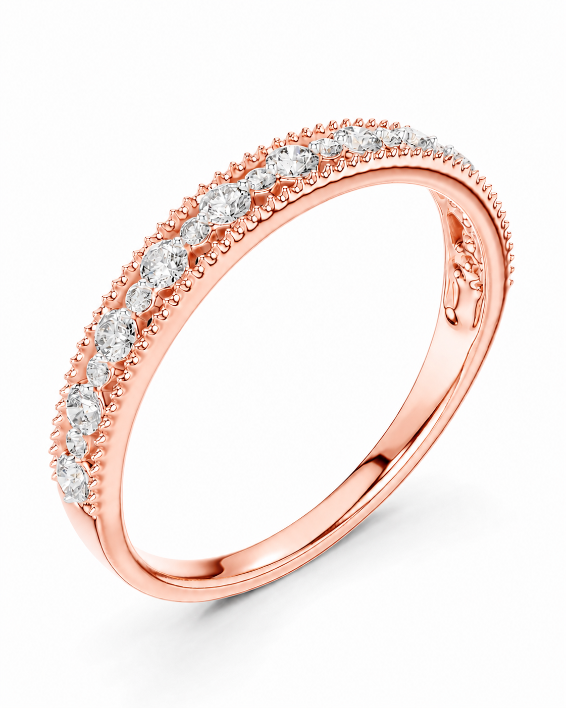 color_10K_RG, color_14K_RG &&A rose gold eternity ring featuring two rows of sparkling round-cut diamonds, shown on a clean white background.