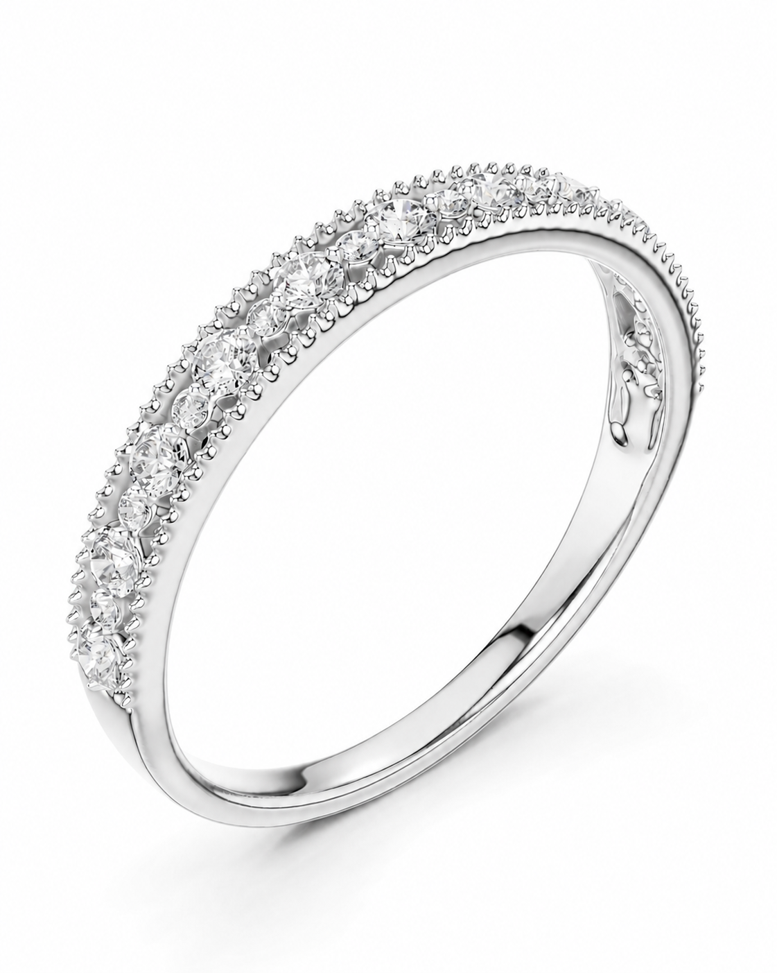 color_925_SIL,color_935_ARG,color_10K_WG, color_14K_WG &&A silver-tone diamond eternity ring with double rows of round-cut diamonds set in a polished band, shown on a clean white background.