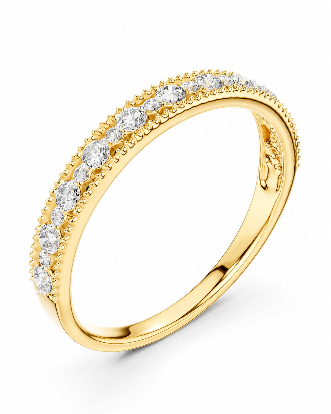 color_10K_YG, color_14K_YG &&A yellow gold eternity ring featuring a double row of round-cut clear gemstones in a beaded setting, shown on a clean white background.