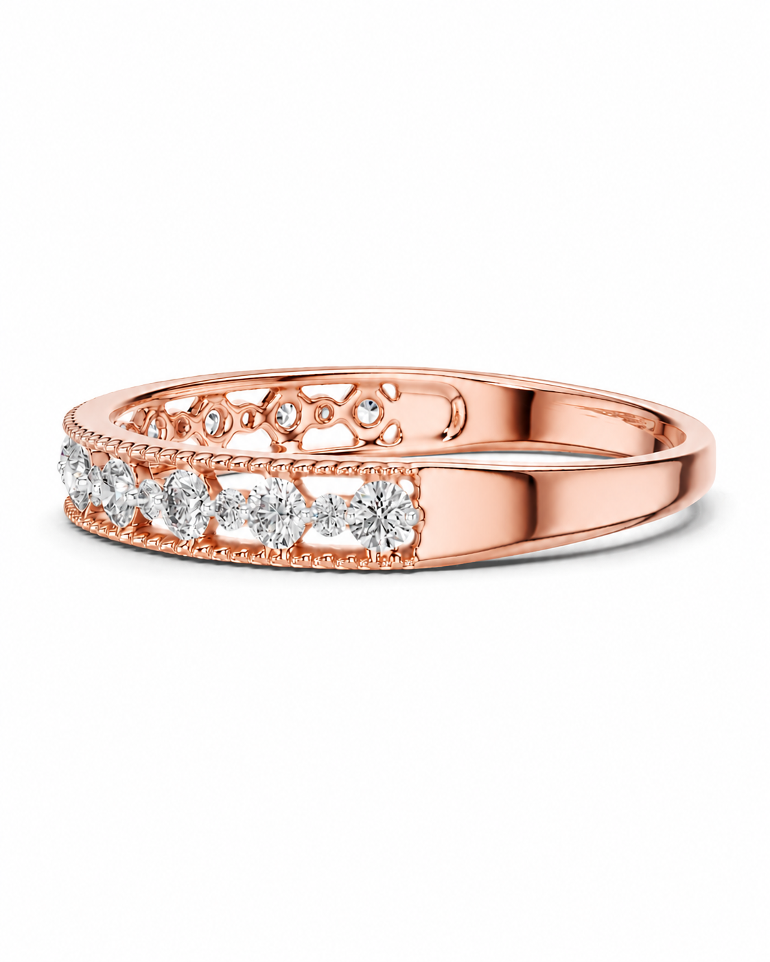 color_10K_RG, color_14K_RG &&A rose gold diamond band ring with a row of round-cut diamonds and floral motifs, shown on a clean white background.