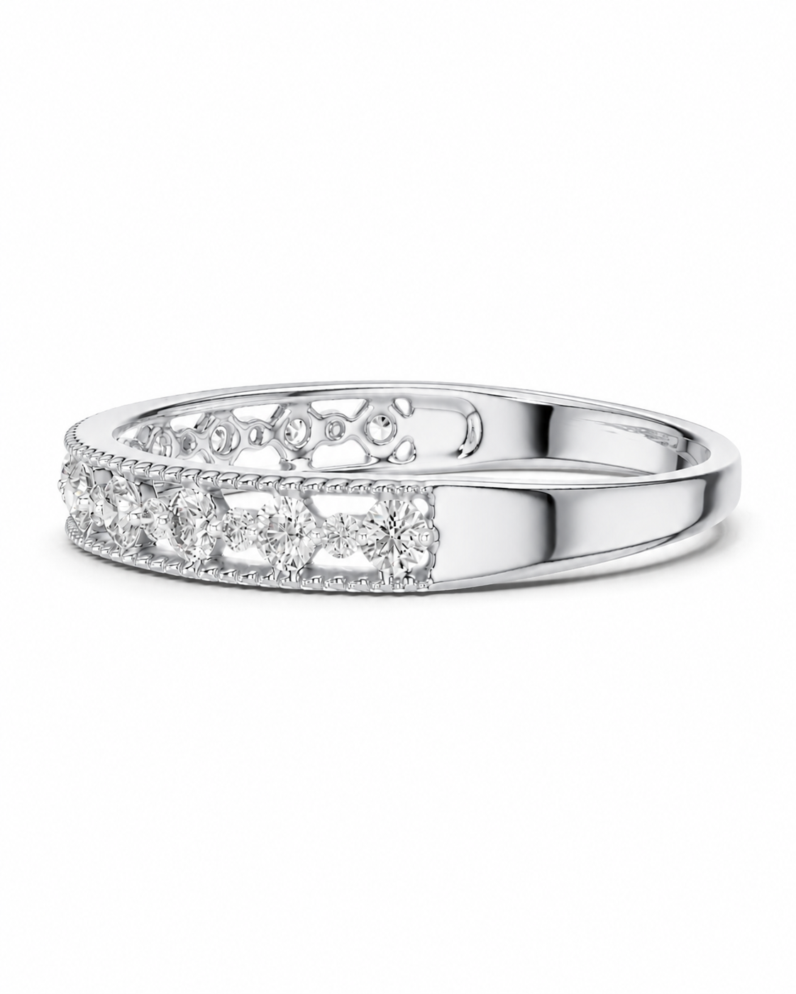 color_925_SIL,color_935_ARG,color_10K_WG, color_14K_WG &&A silver diamond band ring with a row of round-cut diamonds and small pavé accents on a clean white background.