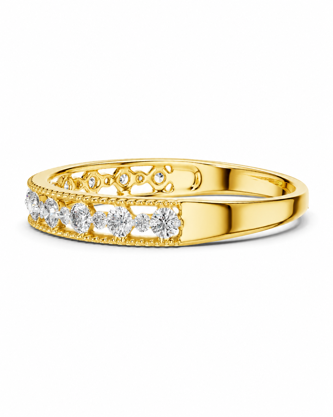 color_10K_YG, color_14K_YG &&A yellow gold eternity ring featuring a row of round-cut clear gemstones on the front, set against a clean white background.