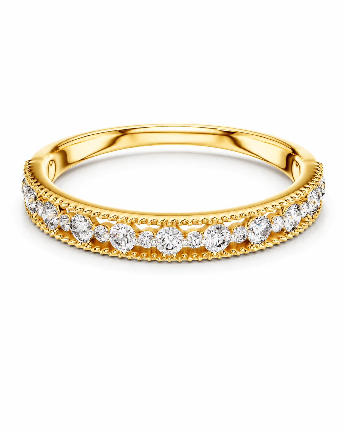 color_10K_YG, color_14K_YG &&A yellow gold eternity ring featuring a double row of round brilliant-cut diamonds in a micro-beaded setting, shown on a clean white background.