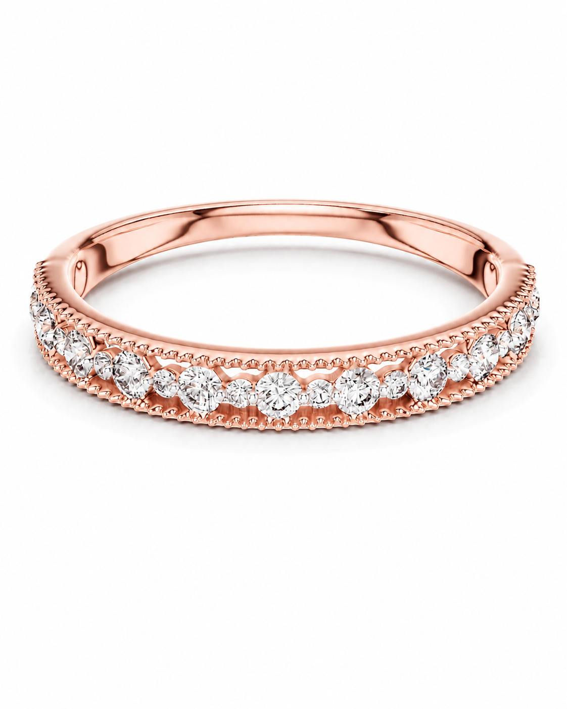 color_10K_RG, color_14K_RG &&A rose gold eternity ring featuring a double row of round-cut clear gemstones, set in a polished rose gold band with a beaded border, shown on a clean white background.