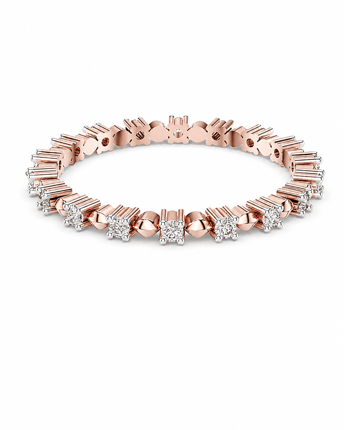 color_10K_RG, color_14K_RG &&A rose gold tennis bracelet featuring alternating rose gold cube links and round bezel-set clear stones, photographed on a clean white background.