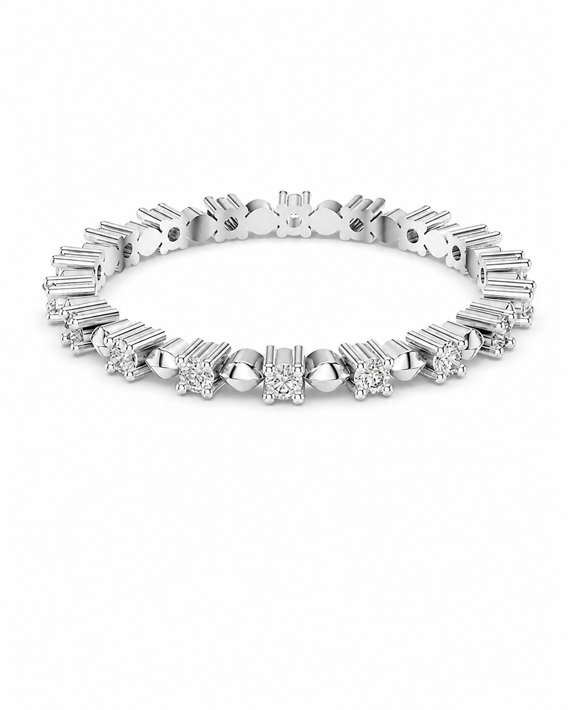color_925_SIL,color_935_ARG,color_10K_WG, color_14K_WG &&A silver tennis bracelet featuring alternating baguette-cut and round-cut clear stones, displayed on a clean white background.