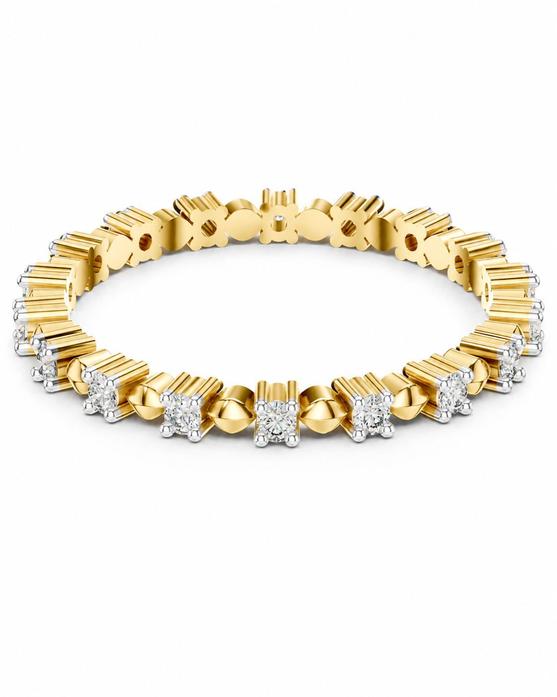 color_10K_YG, color_14K_YG &&A gold tennis bracelet featuring alternating gold and silver-toned pavé diamond links, displayed on a clean white background.