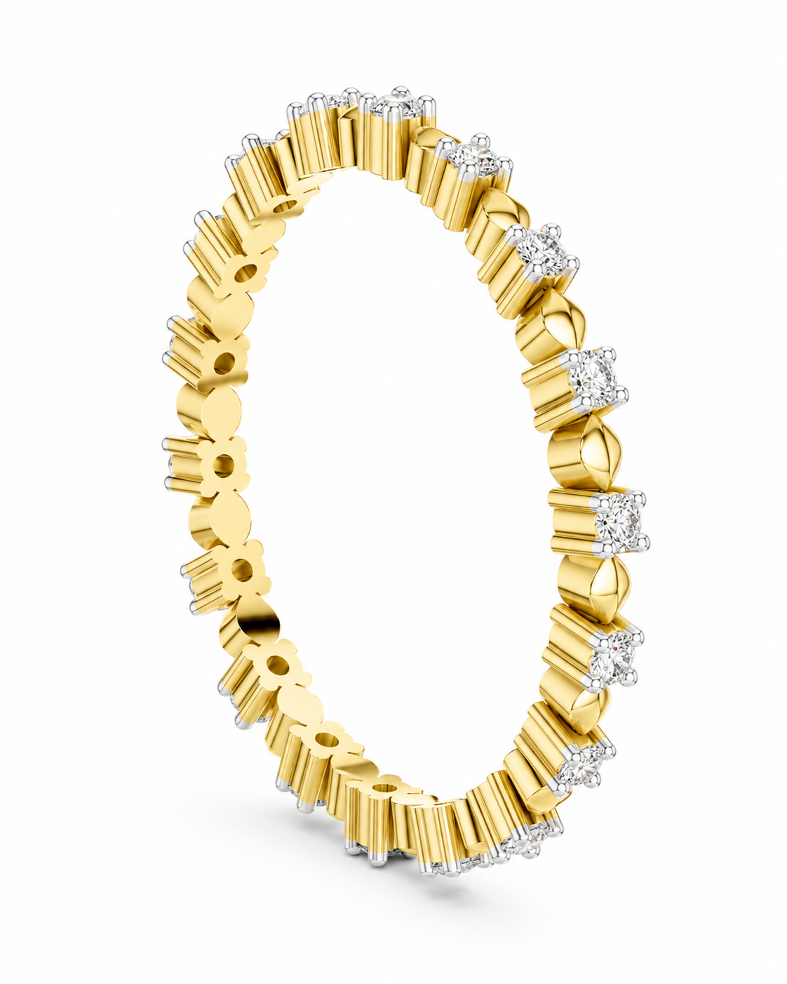 color_10K_YG, color_14K_YG &&A yellow gold eternity ring featuring a continuous channel setting of small round diamonds and larger square-cut diamonds, shown on a clean white background.