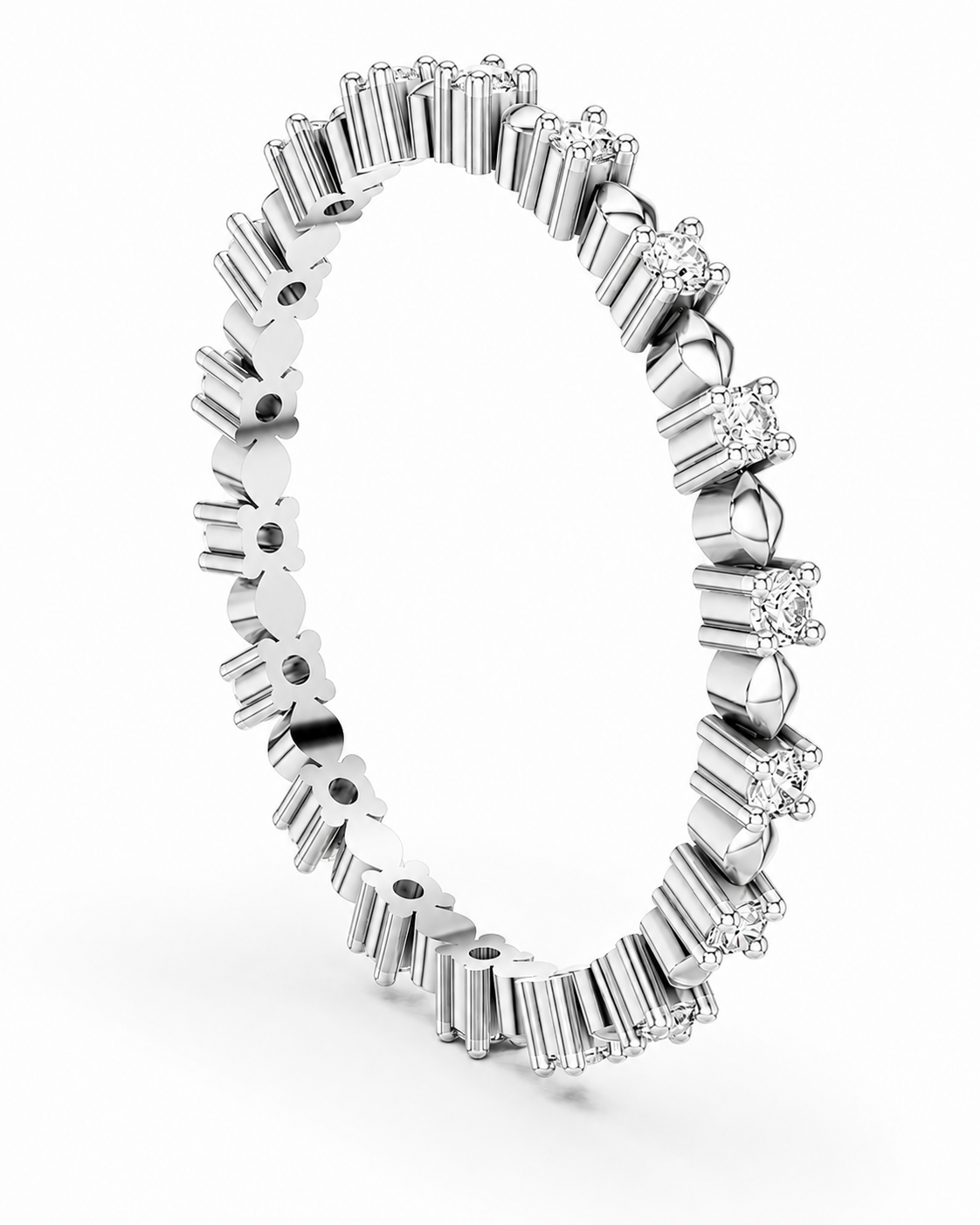 color_925_SIL,color_935_ARG,color_10K_WG, color_14K_WG &&A silver-toned diamond eternity ring featuring a continuous line of baguette and round-cut diamonds set in a polished white metal band, shown on a clean white background.