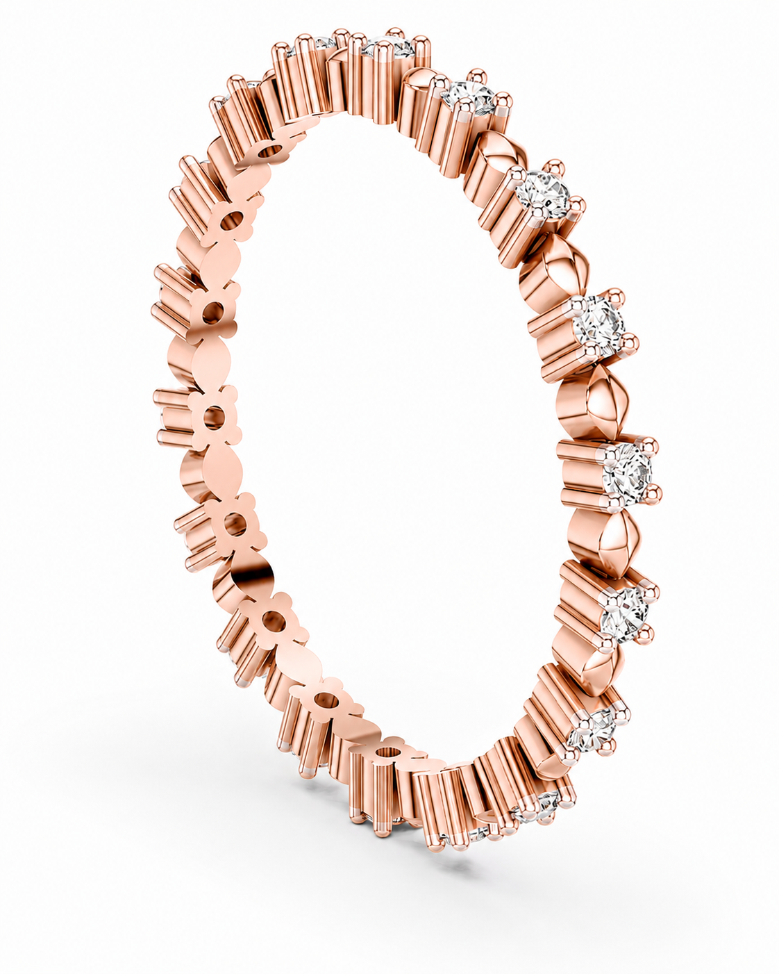 color_10K_RG, color_14K_RG &&A rose gold eternity ring featuring a continuous line of bezel-set round diamonds on a clean white background.