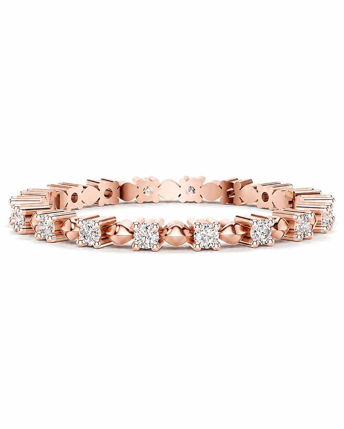 color_10K_RG, color_14K_RG &&A rose gold tennis bracelet featuring round-cut clear diamonds in a classic six-prong setting, displayed on a clean white background.
