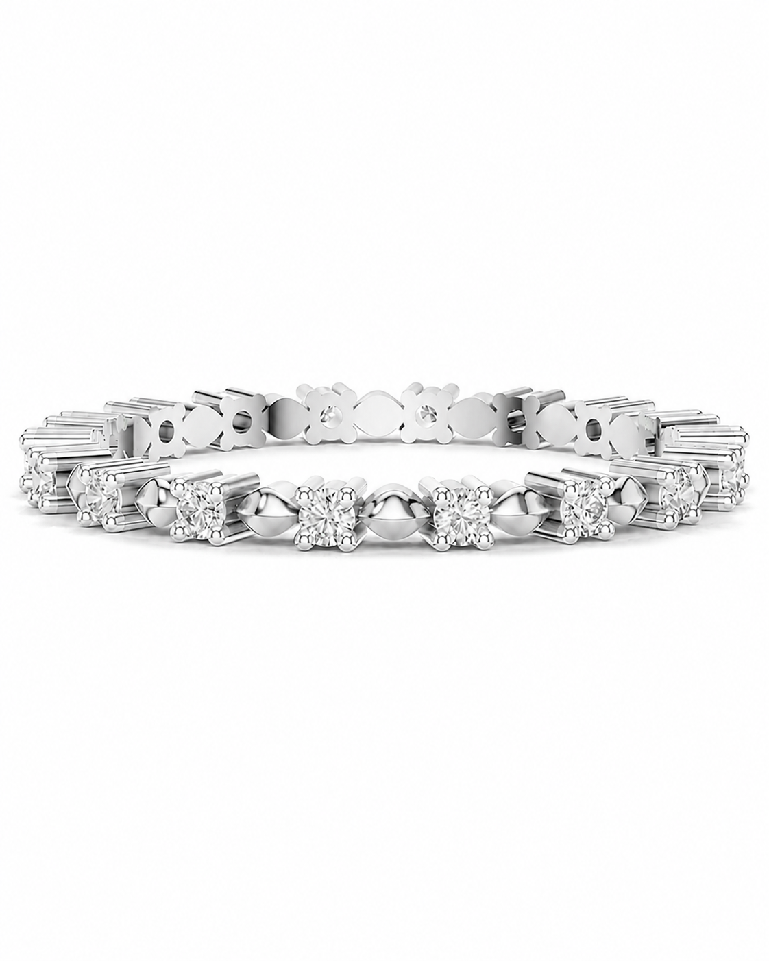 color_925_SIL,color_935_ARG,color_10K_WG, color_14K_WG &&A silver-toned diamond tennis bracelet with alternating round and baguette-cut diamonds, displayed against a clean white background.