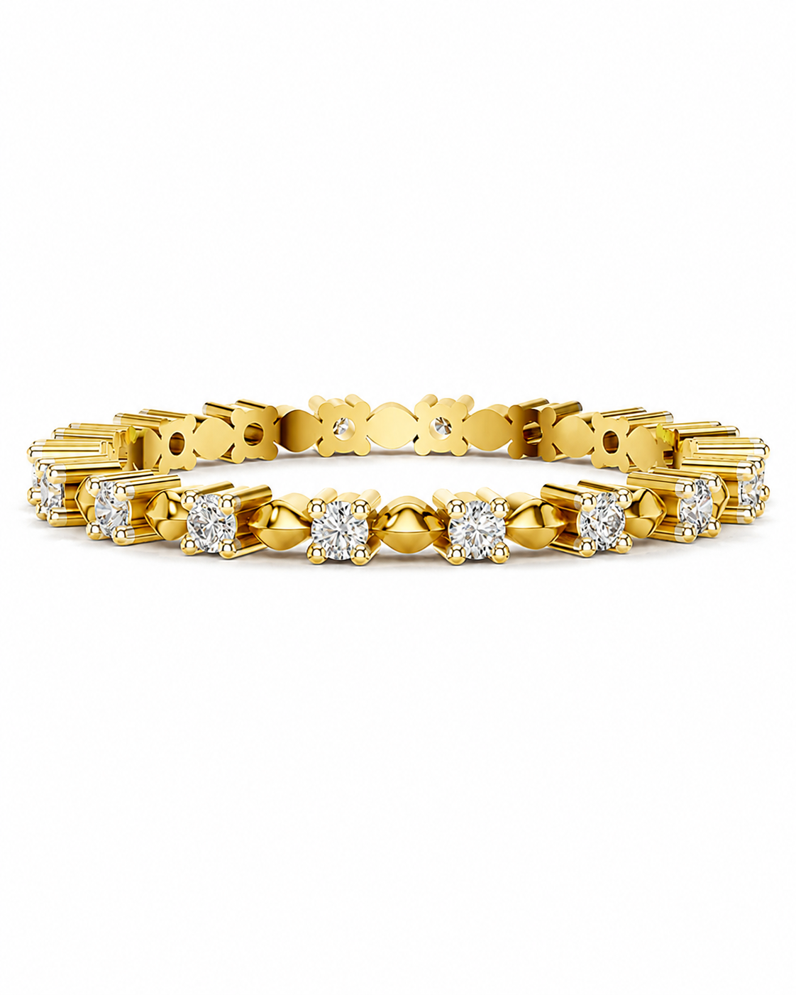 color_10K_YG, color_14K_YG &&A yellow gold tennis bracelet featuring round and baguette-cut clear gemstones in a classic prong setting, displayed against a solid white background.