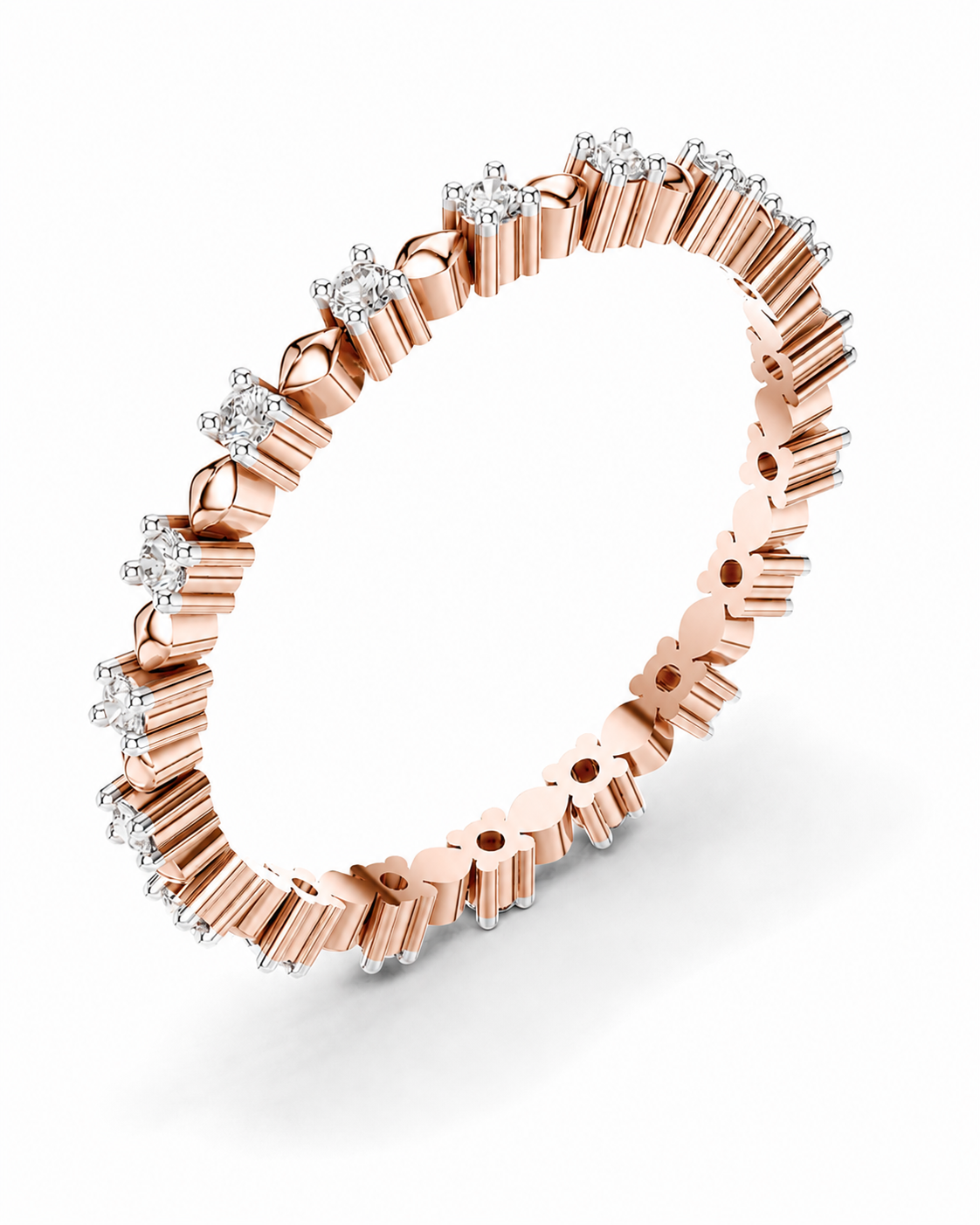 color_10K_RG, color_14K_RG &&A rose gold eternity ring featuring a continuous line of small round-cut diamonds in a prong setting, shown on a clean white background.