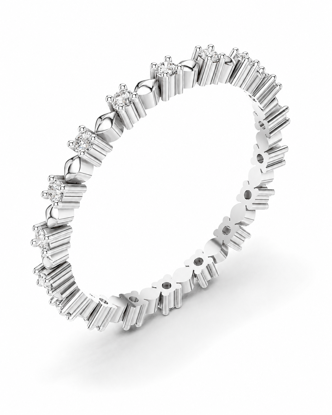 color_925_SIL,color_935_ARG,color_10K_WG, color_14K_WG &&A silver-toned eternity ring featuring a continuous line of small round-cut clear gemstones in a prong setting, shown on a clean white background.