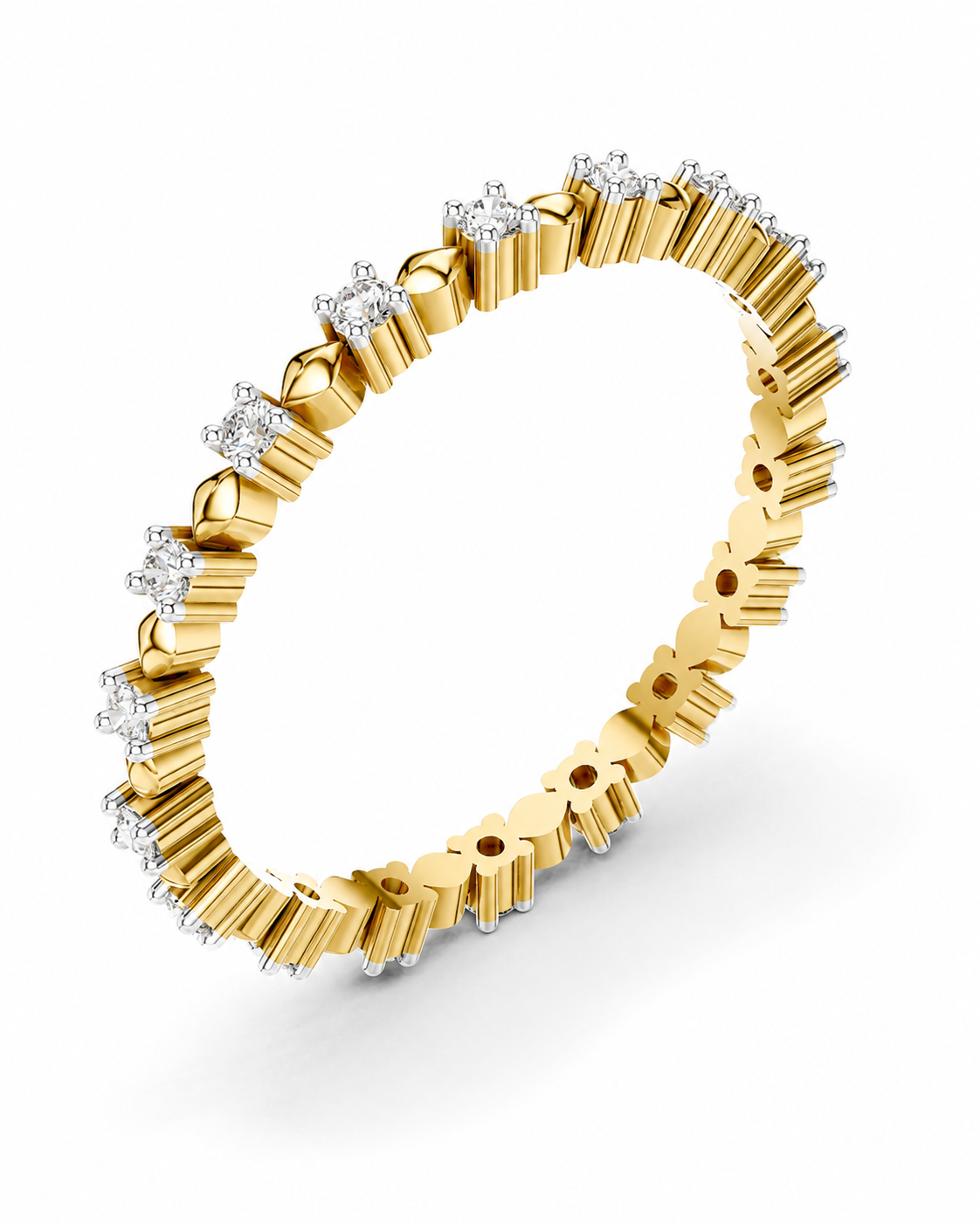 color_10K_YG, color_14K_YG &&A yellow gold eternity ring featuring a continuous line of small round-cut diamonds set in a textured, ridged band, shown on a clean white background.