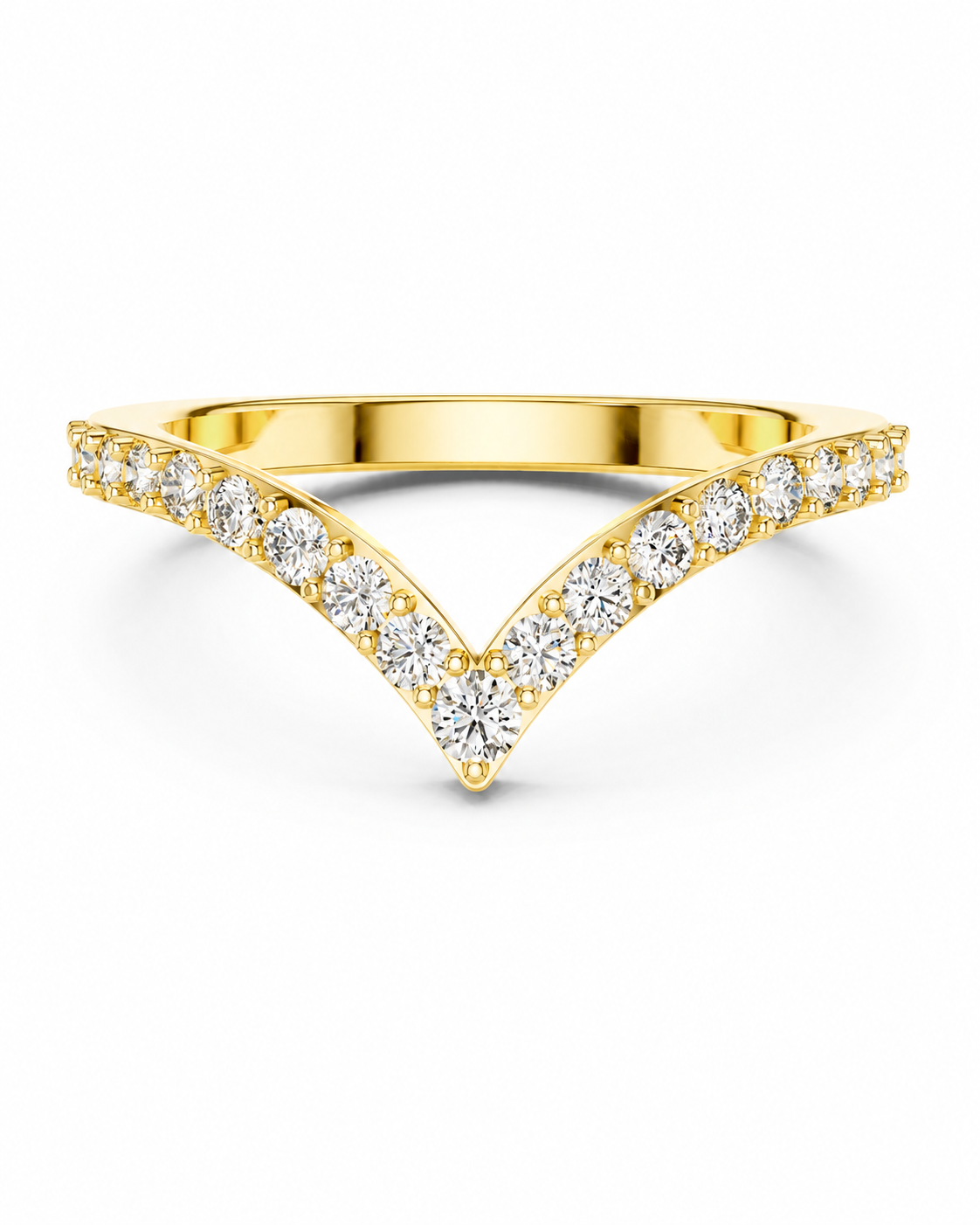 color_10K_YG, color_14K_YG &&A yellow gold V-shaped diamond ring with round-cut diamonds set along the split band, photographed on a clean white background.
