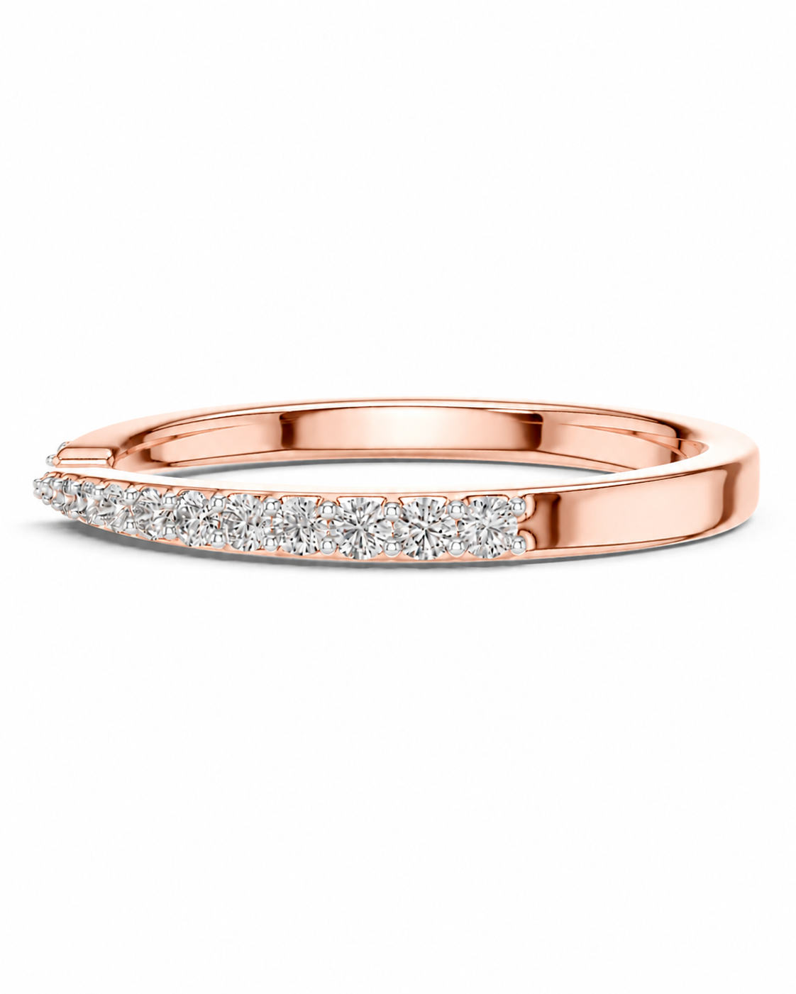 color_10K_RG, color_14K_RG &&A rose gold band ring featuring a channel-set row of clear pavé diamonds on one side, shown against a plain white background.