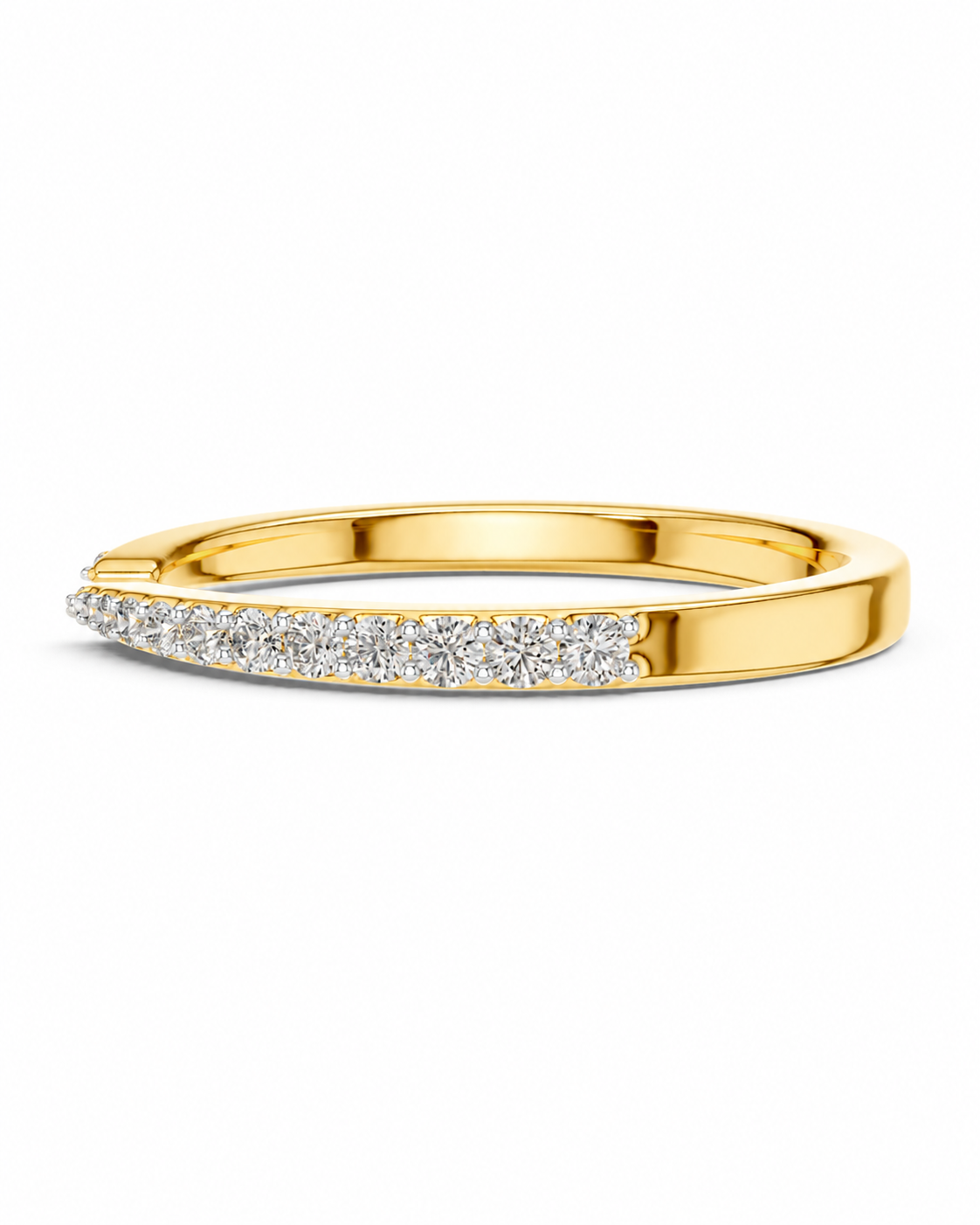 color_10K_YG, color_14K_YG &&A yellow gold band ring featuring a row of small clear pavé diamonds along the front, set against a plain white background.