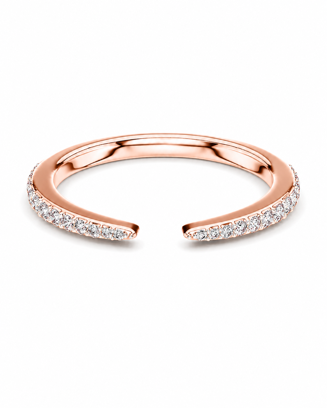 color_10K_RG, color_14K_RG &&A rose gold open cuff ring with pavé-set clear stones on both ends, shown on a clean white background.