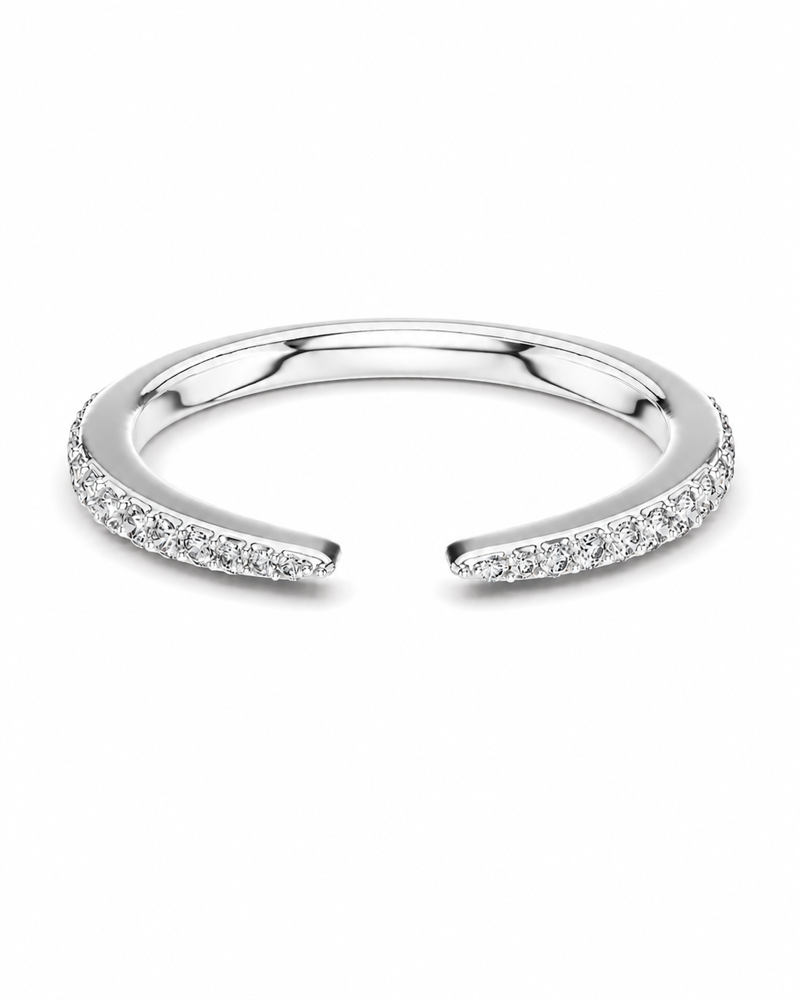 color_925_SIL,color_935_ARG,color_10K_WG, color_14K_WG &&A silver-toned open cuff ring with pavé-set clear stones along both curved ends, shown on a clean white background.