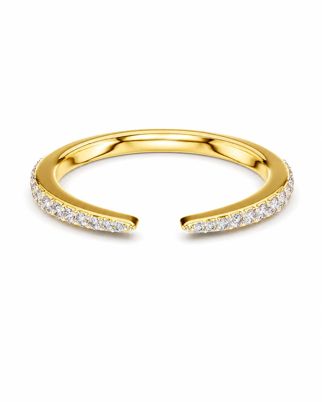 color_10K_YG, color_14K_YG &&A gold open cuff ring featuring rows of clear pavé-set gemstones along both ends, displayed on a clean white background.