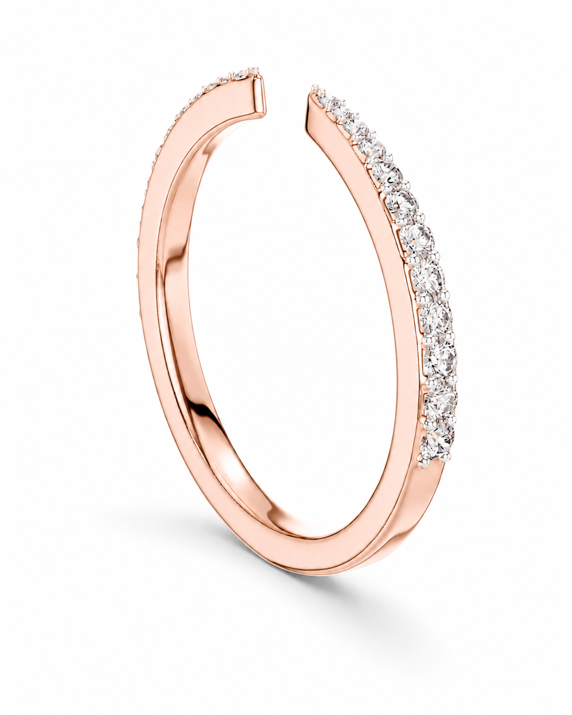 color_10K_RG, color_14K_RG &&A rose gold open cuff ring with a pavé diamond band on one side, shown on a clean white background.