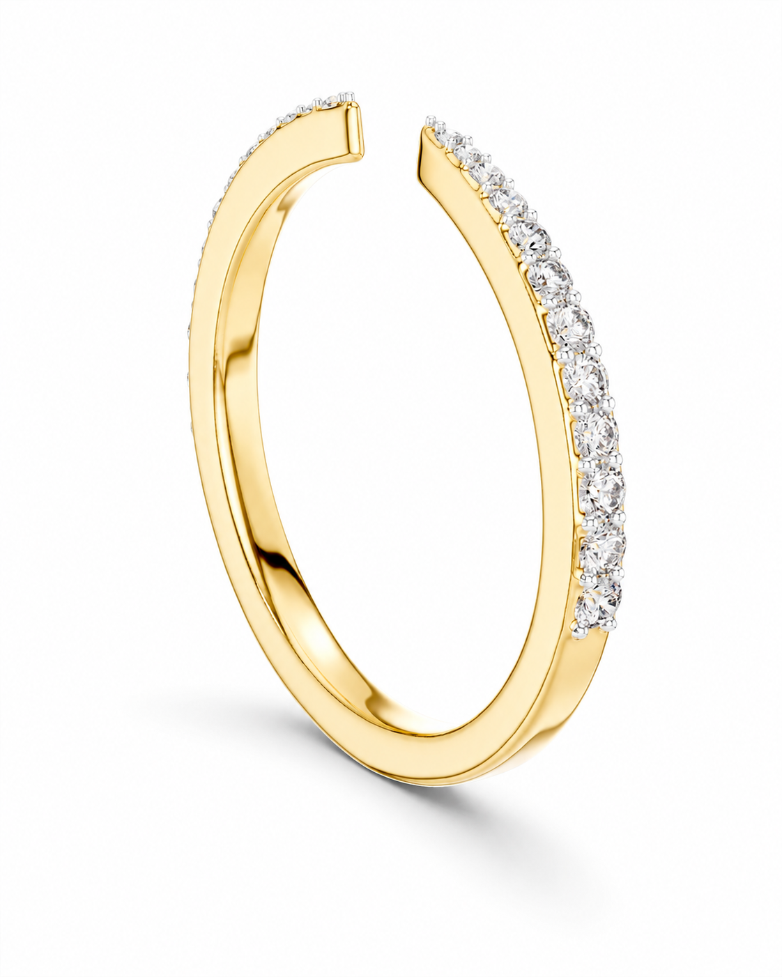 color_10K_YG, color_14K_YG &&A yellow gold open cuff ring featuring a pavé-set row of clear stones along one curved edge, shown on a clean white background.