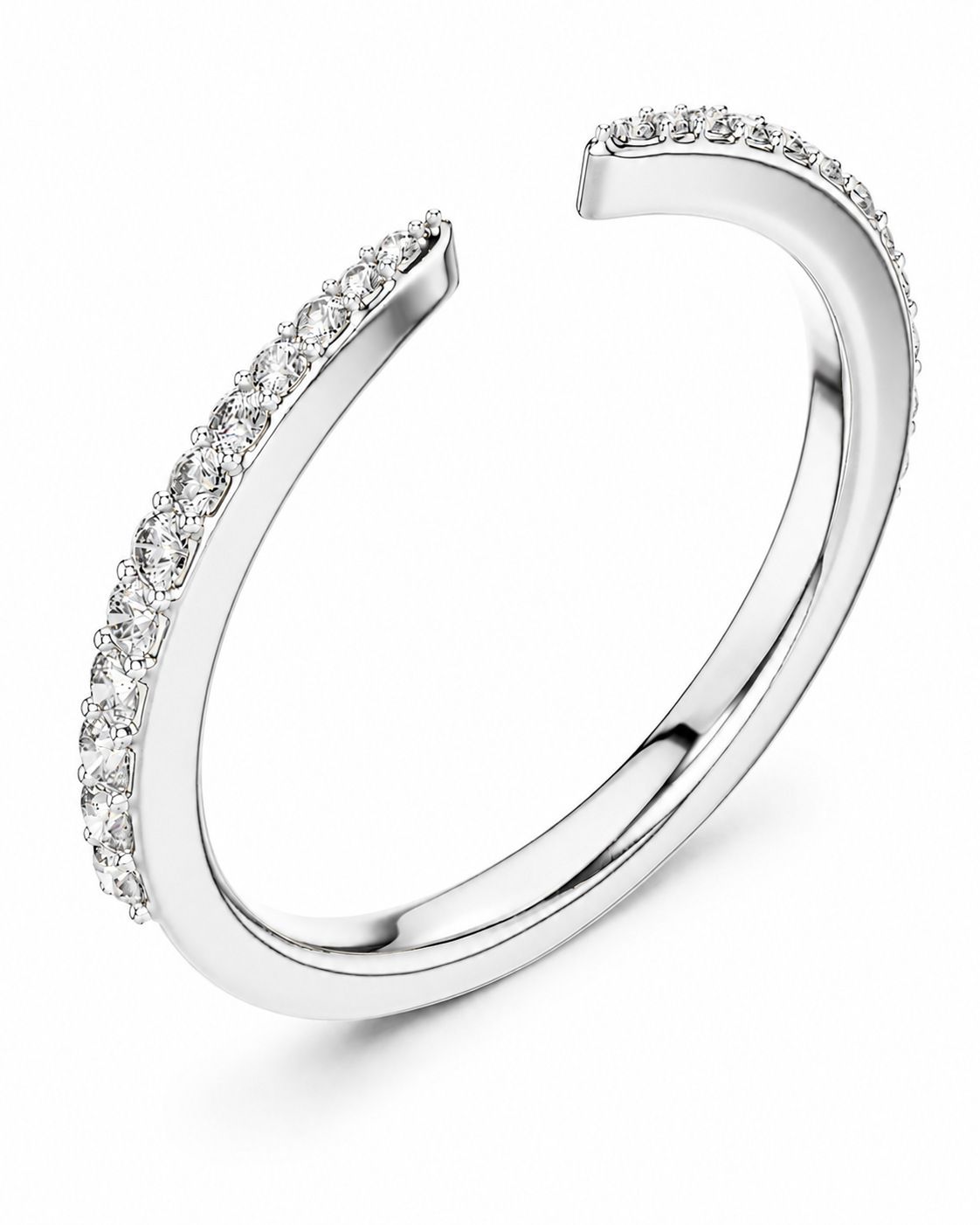 color_925_SIL,color_935_ARG,color_10K_WG, color_14K_WG &&A silver-toned open cuff ring featuring a row of clear pavé-set gemstones along the outer edges, shown on a clean white background.