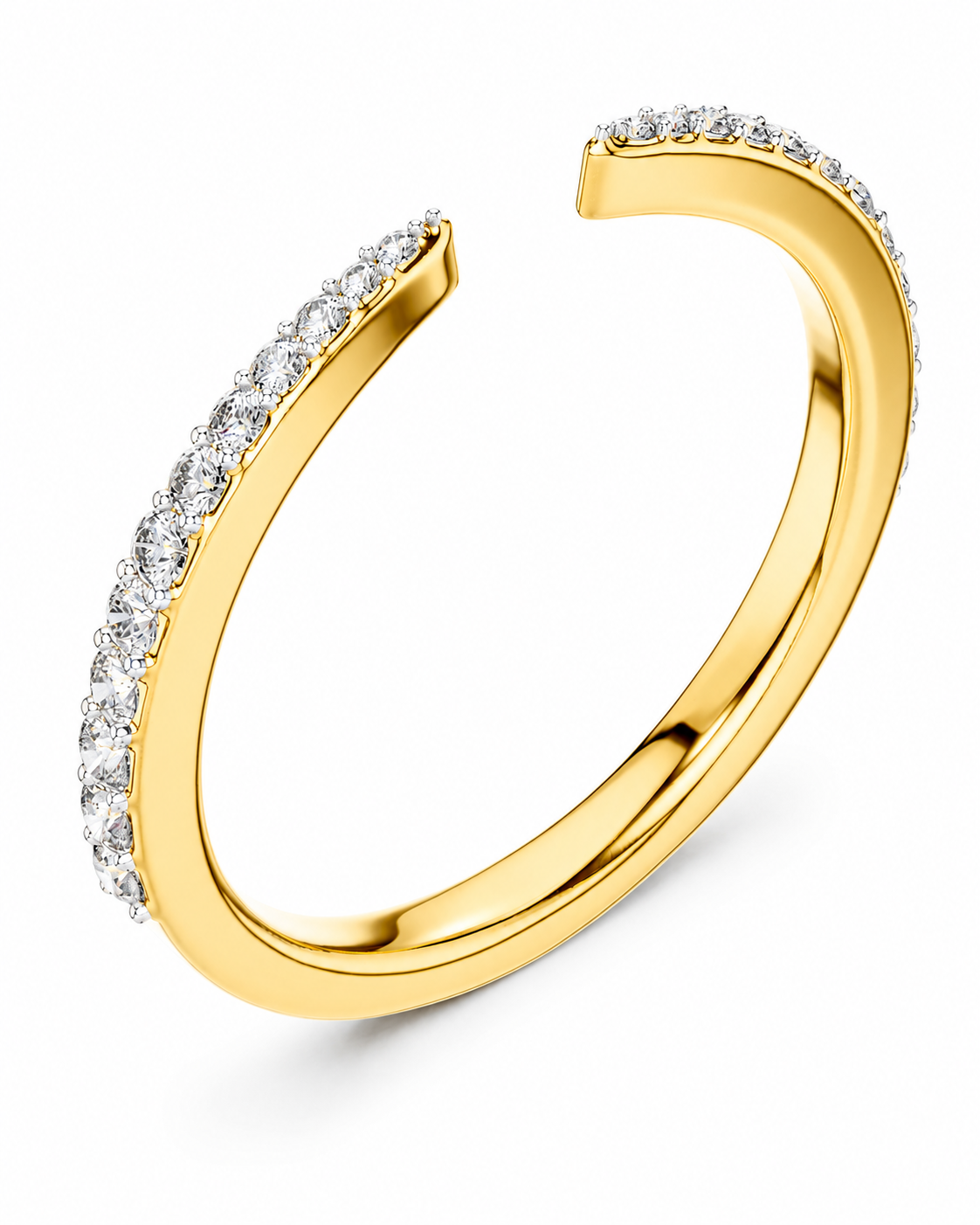 color_10K_YG, color_14K_YG &&A polished yellow gold open cuff ring featuring a row of clear pavé gemstones along the outer curve, shown on a clean white background.