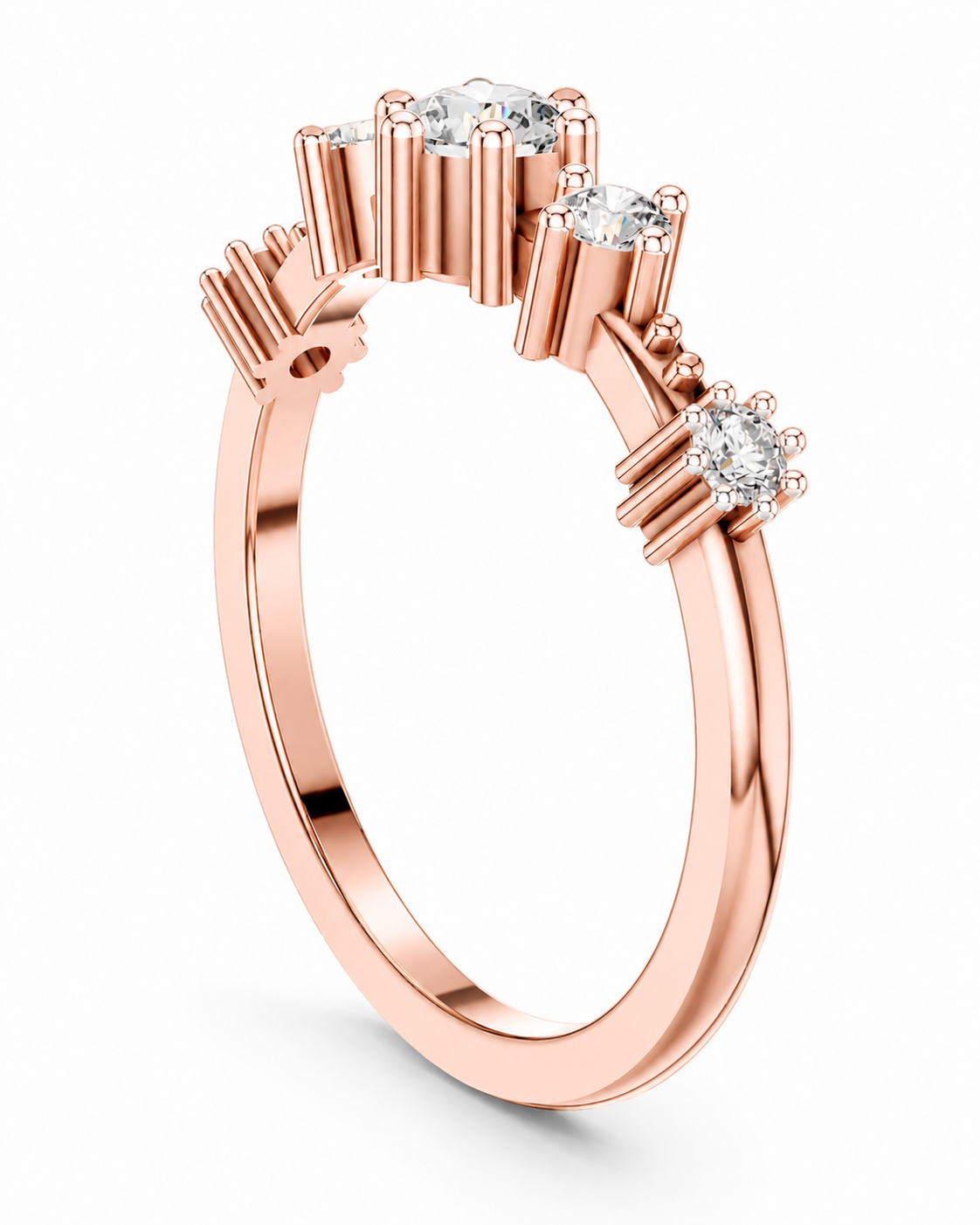 color_10K_RG, color_14K_RG &&A rose gold three-stone diamond ring shown from a three-quarter angle on a clean white background.