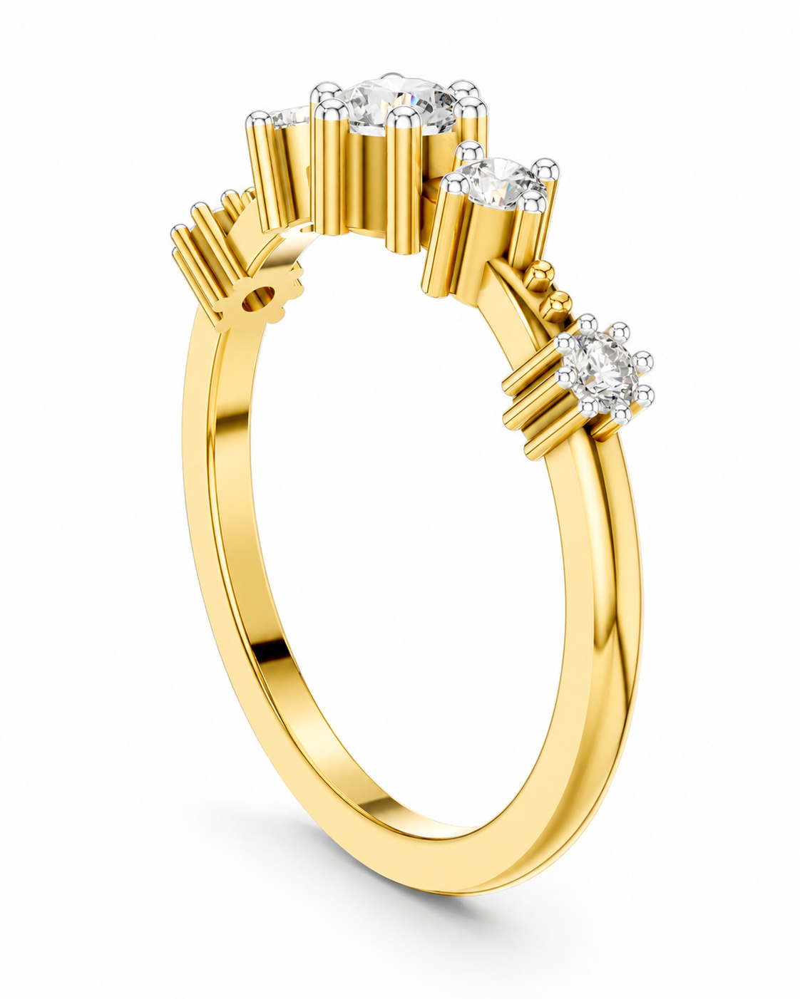 color_10K_YG, color_14K_YG &&A yellow gold ring featuring three round-cut clear gemstones in a cluster setting with smaller accent stones, shown on a clean white background.