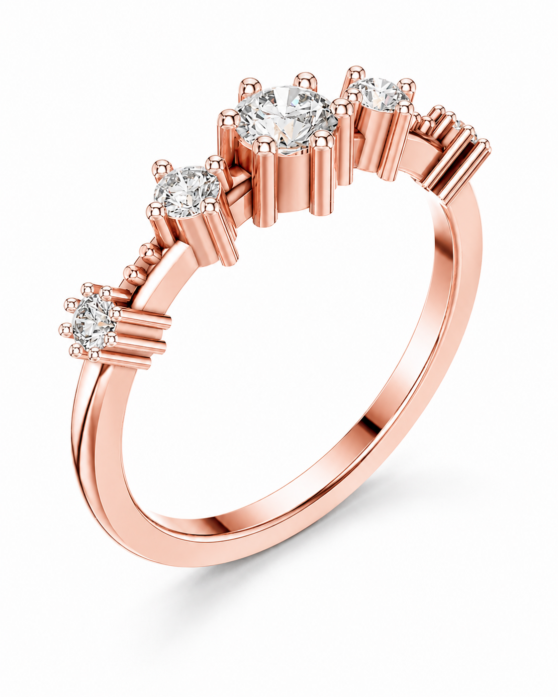 color_10K_RG, color_14K_RG &&A rose gold ring with three round-cut clear gemstones in a prong setting, accented by smaller round stones along the band, shown on a clean white background.