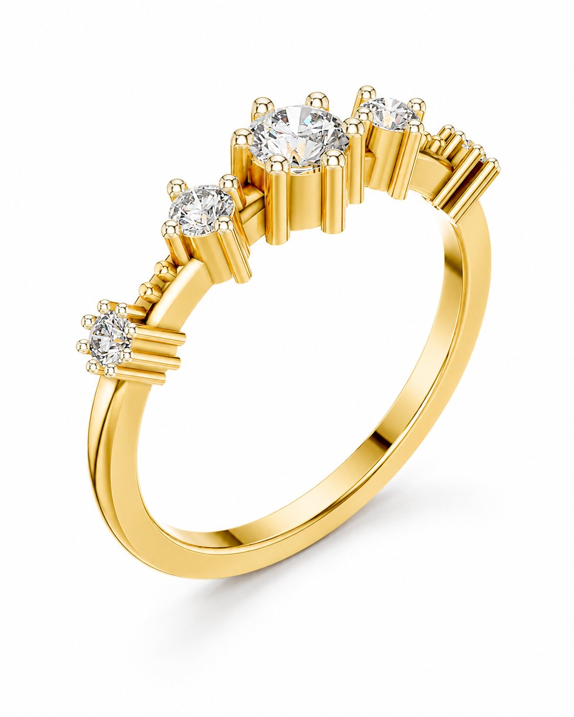 color_10K_YG, color_14K_YG &&A yellow gold ring with five round-cut clear gemstones in a graduated cluster setting, shown on a clean white background.
