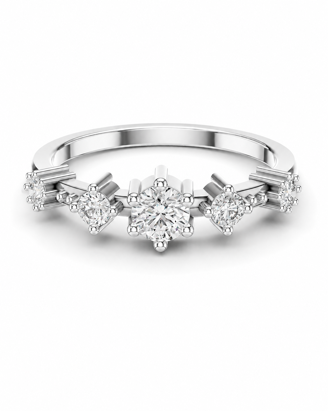 color_925_SIL,color_935_ARG,color_10K_WG, color_14K_WG &&A silver-tone diamond ring with a central round-cut diamond surrounded by smaller diamonds in marquise and round shapes, set on a polished band with tapered diamond accents.