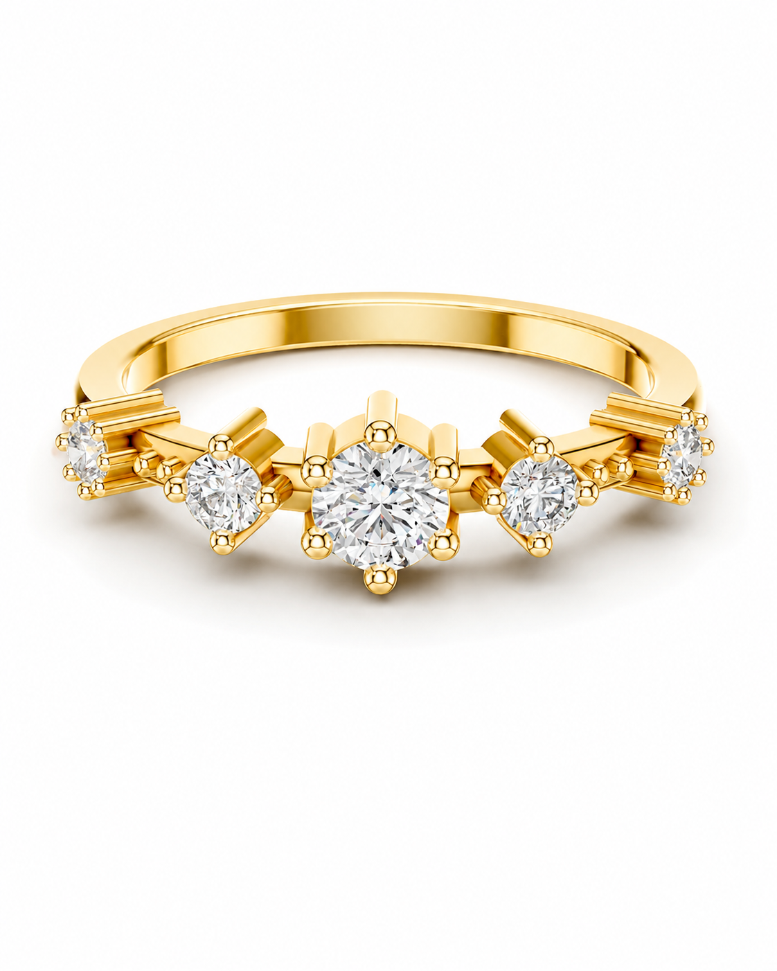 color_10K_YG, color_14K_YG &&A yellow gold five-stone diamond ring with a central round brilliant-cut diamond and four smaller diamonds on each side, set in a prong setting on a white background.