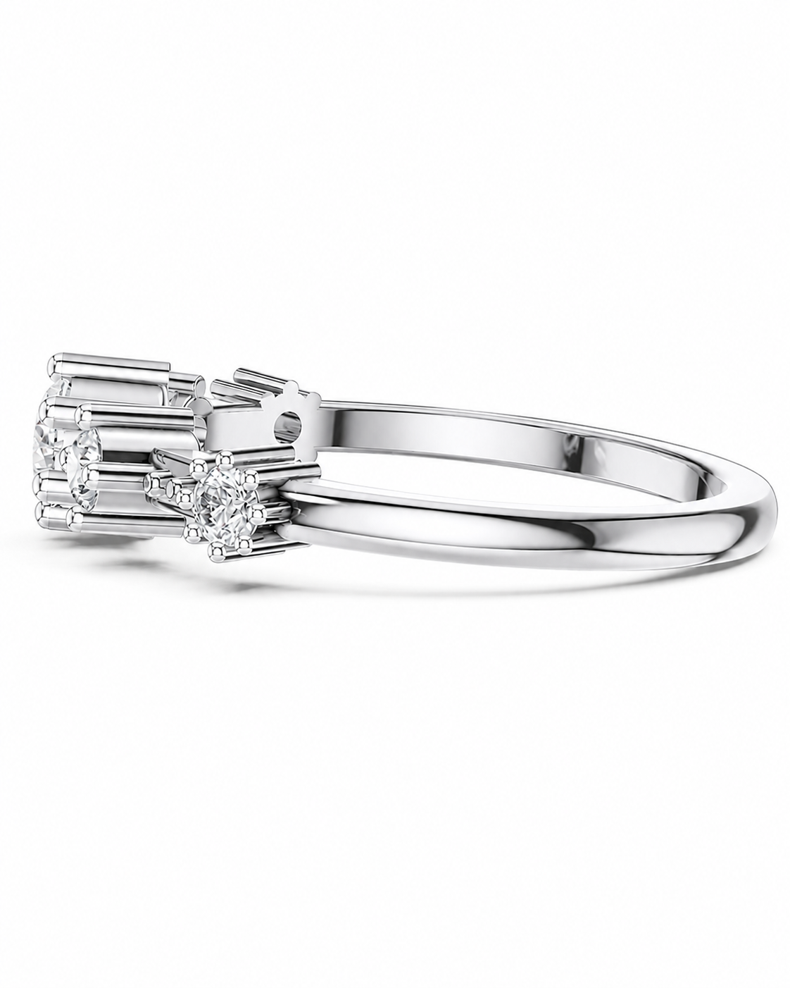 color_925_SIL,color_935_ARG,color_10K_WG, color_14K_WG &&A silver-toned diamond ring with a three-stone cluster setting and a smaller round diamond accent on the band, shown against a plain white background.