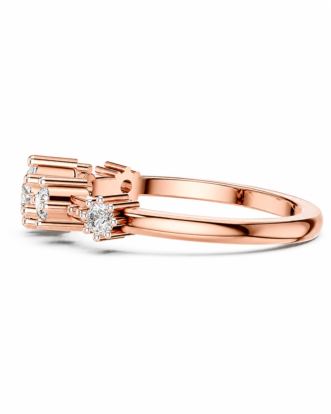 color_10K_RG, color_14K_RG &&A rose gold engagement ring featuring a cluster of round-cut diamonds, shown in a side profile view against a clean white background.