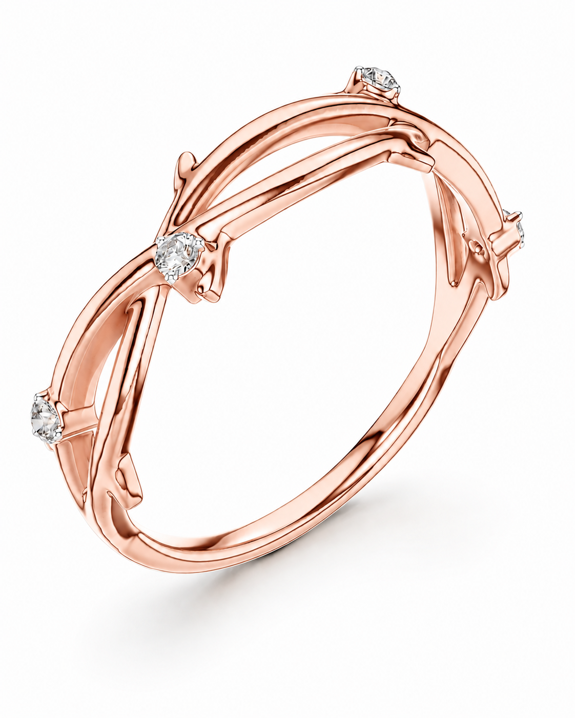 color_10K_RG, color_14K_RG &&A rose gold ring with a twisted, branch-like design accented by four small round-cut diamonds, shown on a clean white background.