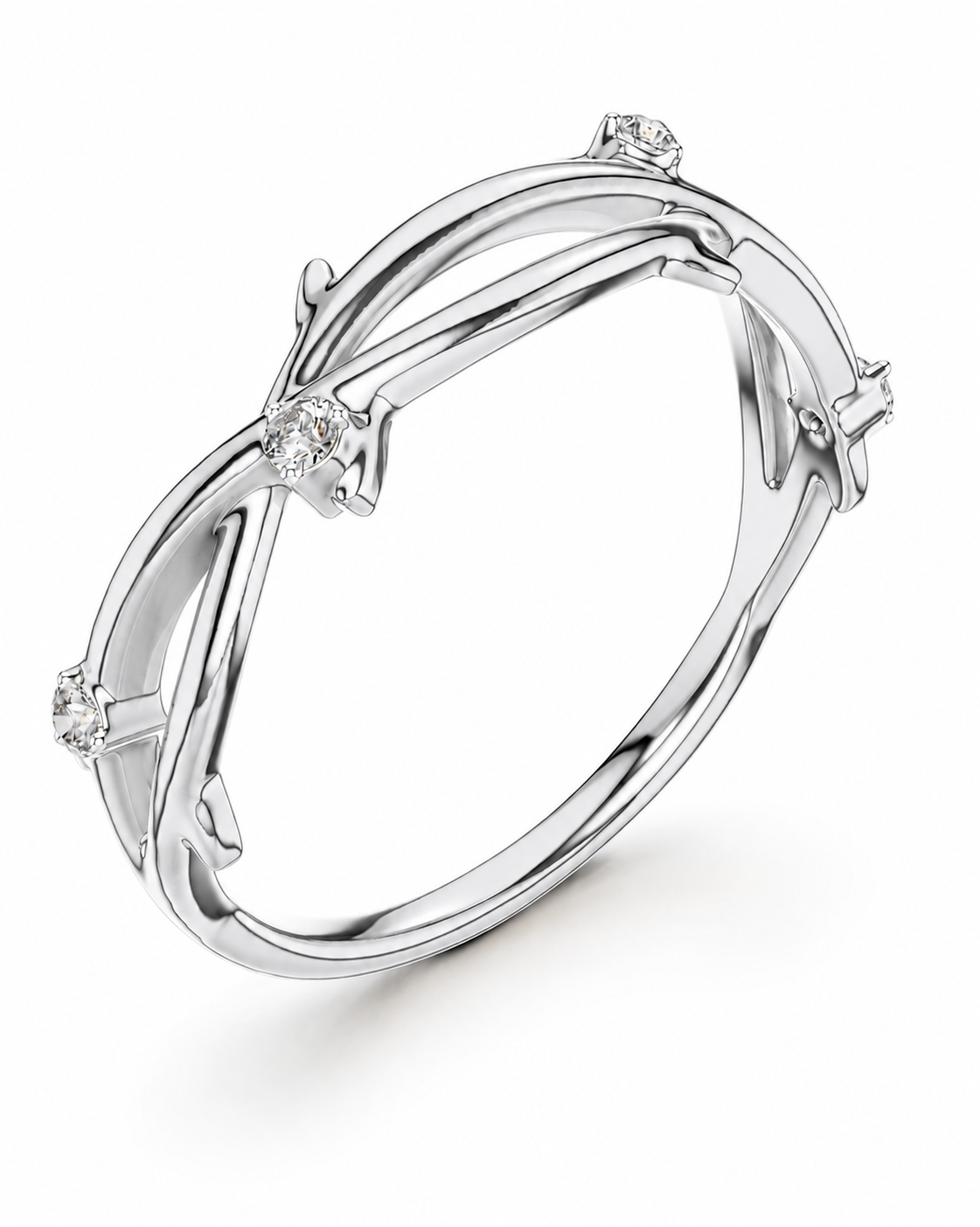 color_925_SIL,color_935_ARG,color_10K_WG, color_14K_WG &&A silver-toned twisted ring band with four small clear gemstones set along the top curve, shown on a clean white background.